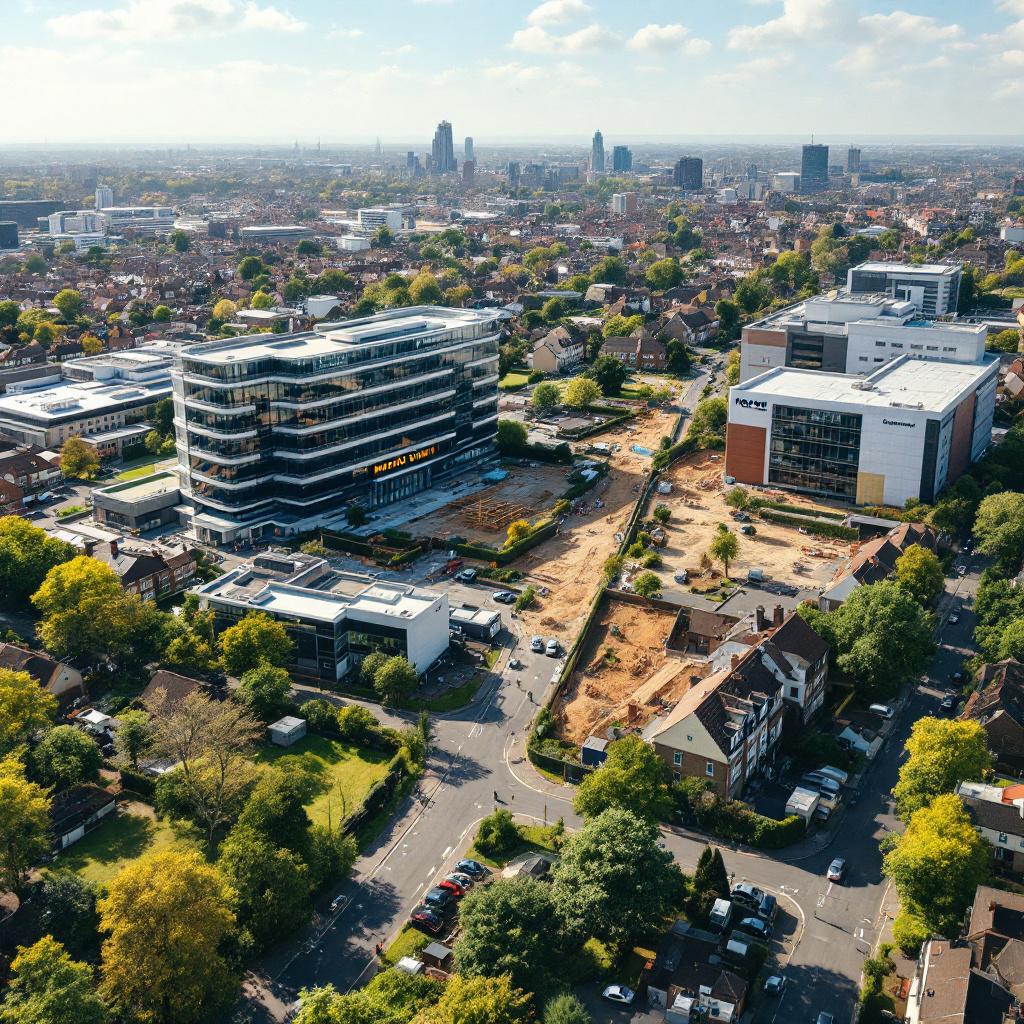 Harrow Council's headquarters with local residential and commercial properties in the background.